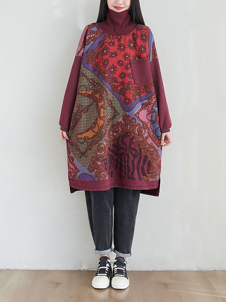 flowersverse Women Fashion Spliced Plaid Winter Fleece-lined Dress