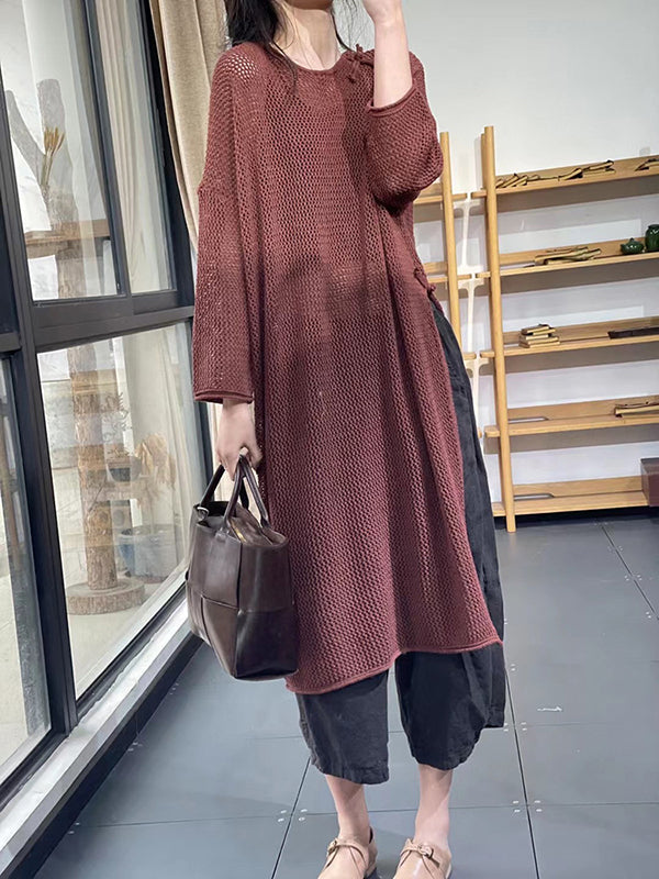 flowersverse Asymmetric Hollow Split-side Long Sleeves Loose Round-neck Sweater Tops
