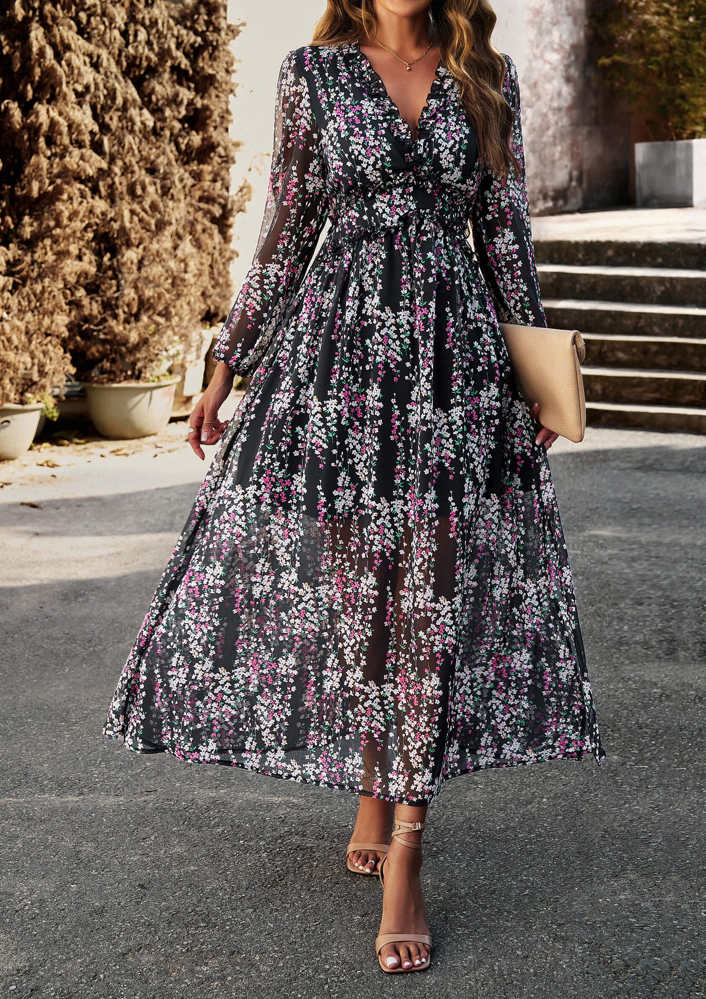 flowersverse Christabel Floral Printed Maxi Dress - Black