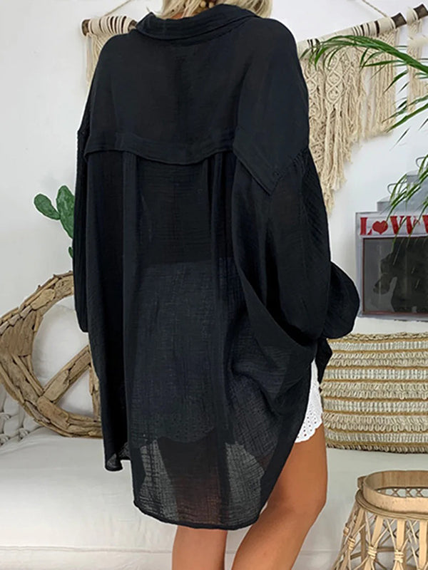 flowersverse Vintage Long Sleeves Buttoned See-Through Solid Color Lapel Blouses&Shirts Tops
