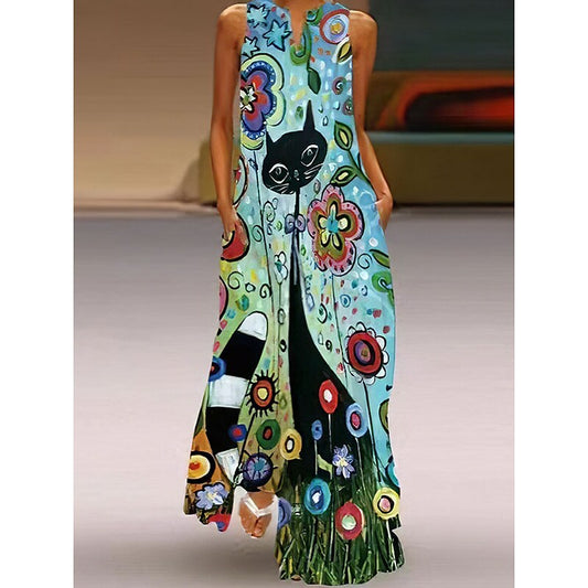 flowersverse Women's Long Dress Maxi Dress Casual Dress Sheath Dress Swing Dress Floral Cat Fashion Casual Daily Holiday Going out Pocket Print Sleeveless V Neck Dress Regular Fit Red Blue Green Spring Summer XS
