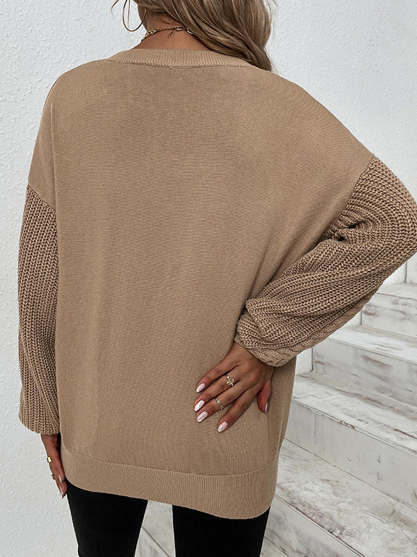 flowersverse Knitted Twist Long Sleeves Solid Color Round-Neck Sweater Tops