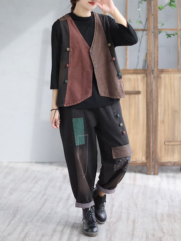 flowersverse Loose Split-Joint V-Neck Vest Top + Jean Harem Pants Bottoms Two Pieces Set
