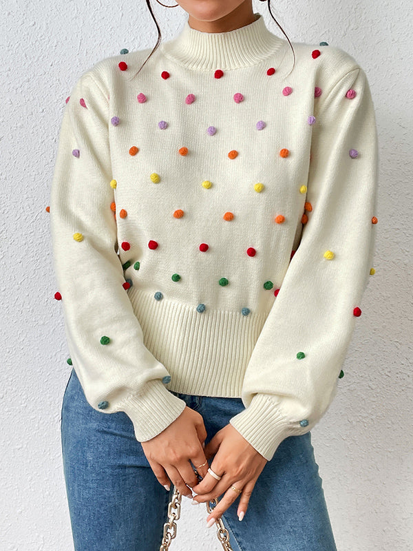 flowersverse Pompom Triming Long Sleeves Loose Round-Neck Sweater Tops Pullovers Knitwear