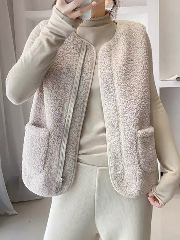 flowersverse Split-Joint Velvet Loose Sleeveless Round-neck Vest Outerwear