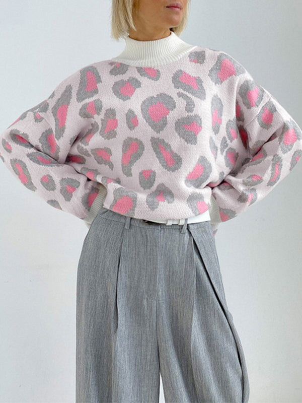 flowersverse Leopard Long Sleeves Loose Mock Neck Sweater Tops Pullovers