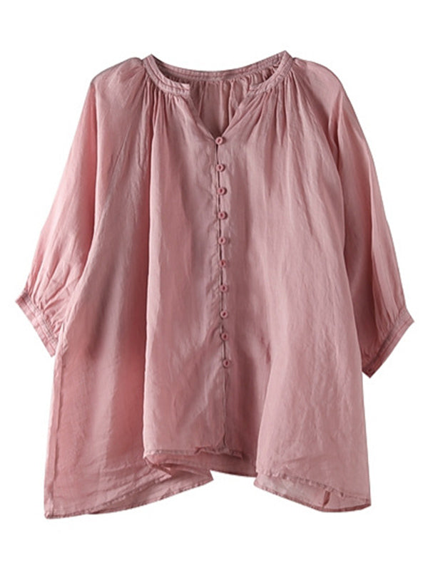 flowersverse Black&Pink High-Low Half Sleeve Ramie Cotton Loose Shirt