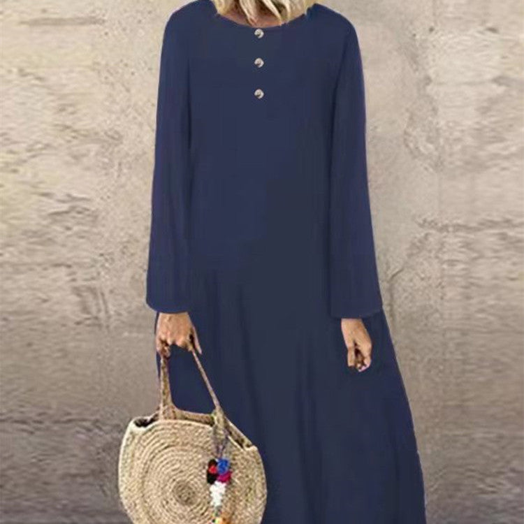 flowersverse Solid Colour Button Down Cotton Linen Long Sleeve Casual Dress