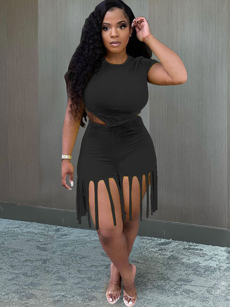 flowersverse 2 Piece Plus Size Knot Front Short Sleeve Tops Tassels Shorts