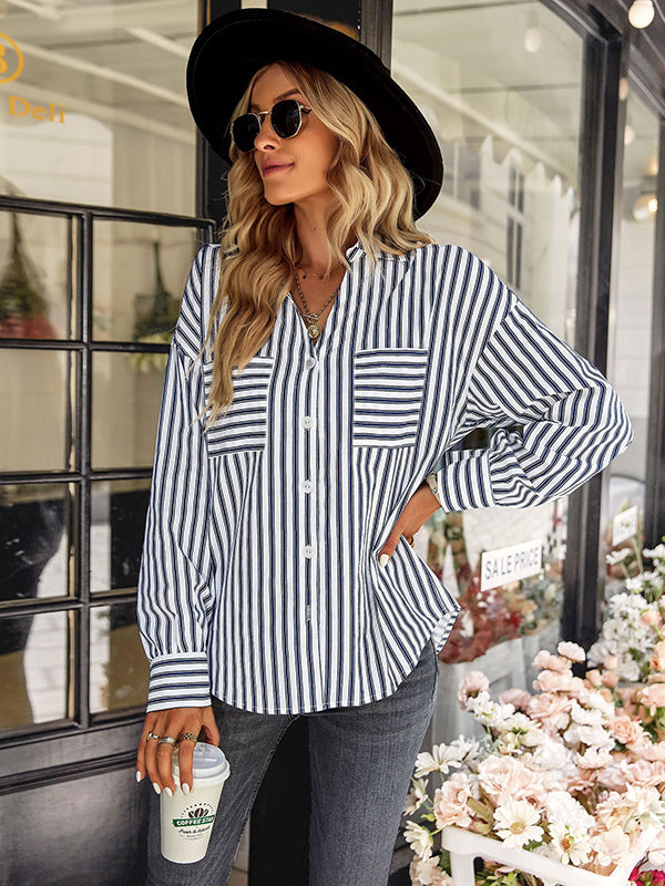 flowersverse Casual Loose Striped V-Neck T-Shirt