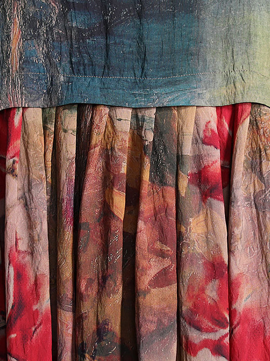 flowersverse Plus Size Flower Printed Retro Split Hem Silk Dress