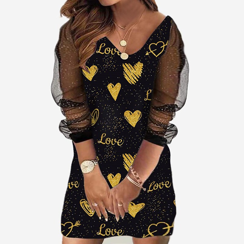 flowersverse Women's Plus Size Holiday Dress Floral V Neck Mesh Long Sleeve Fall Spring Casual Mini Dress Causal Daily Dress / Sheath Dress / Black Dress / Print