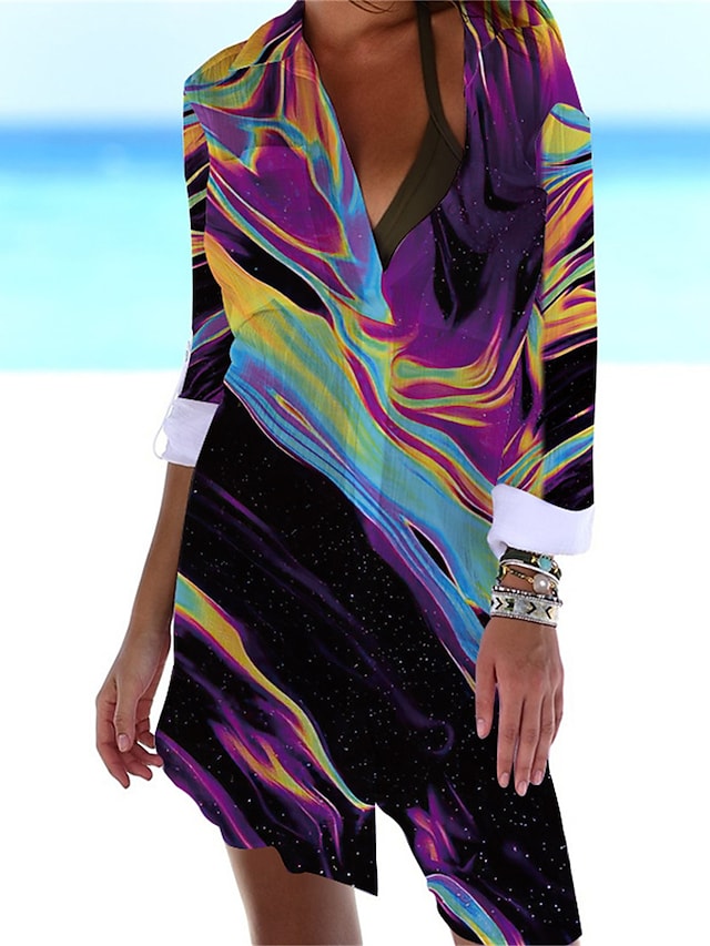 flowersverse Women's Shirt Dress Cover Up Beach Wear Mini Dress Print Fashion Casual Floral V Neck Long Sleeve Loose Fit Outdoor Daily Black White Spring Summer S M L XL