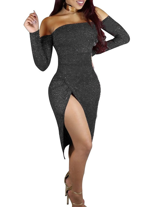 flowersverse Women's Semi Formal Dress Party Dress Sheath Dress Cocktail Party Club Midi Dress Party Hot Off Shoulder Long Sleeve Backless Split Regular Fit Black Dark Green Light Purple Pure Color S M L XL