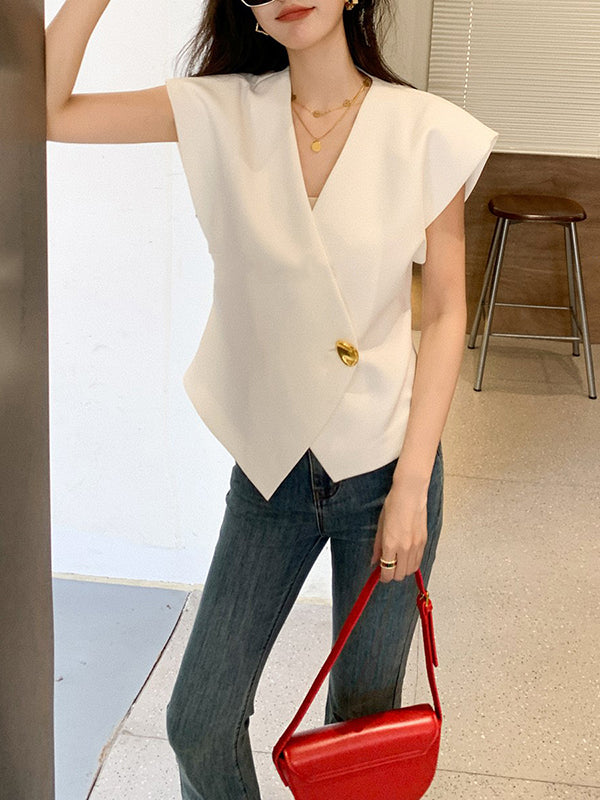 flowersverse Asymmetric Buttoned Sleeveless V-Neck Vest Top