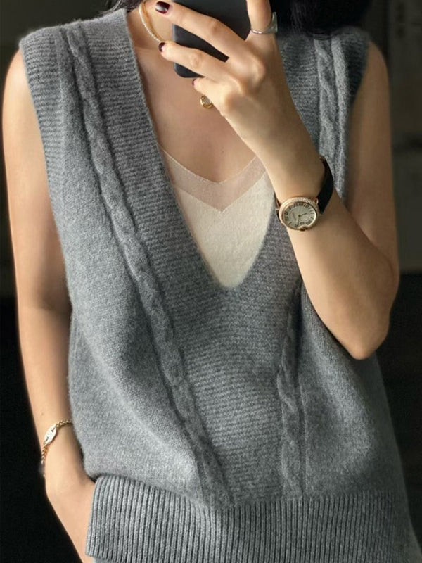 flowersverse Casual Loose Knitting Sleeveless Solid Color V-Neck Vest Top