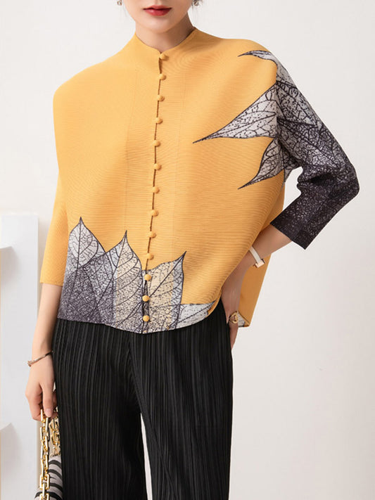 flowersverse Buttoned Leaves Print Long Sleeves Loose Round-Neck Outerwear