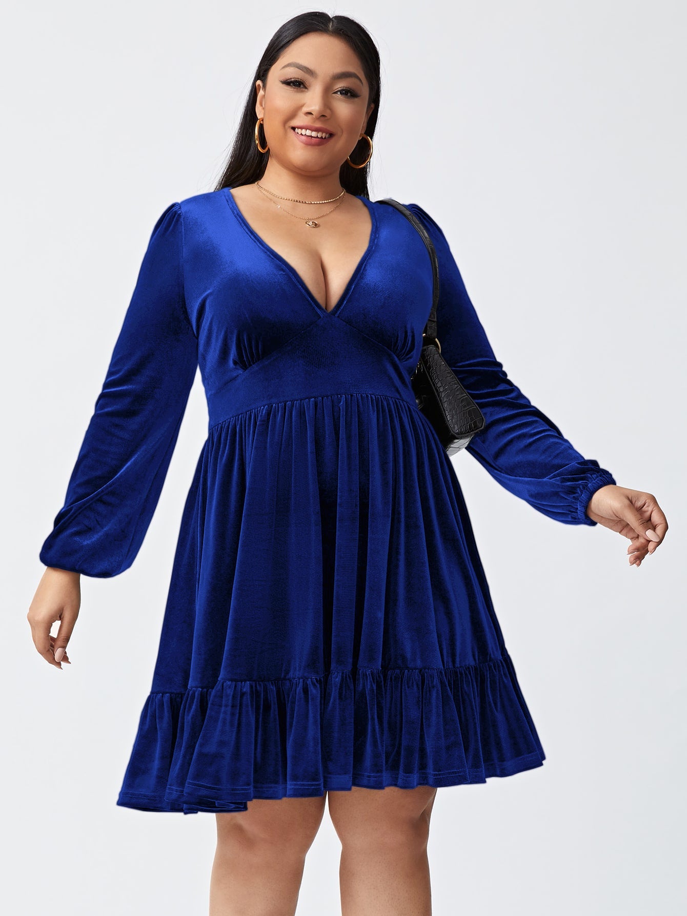 flowersverse Plus Size Short Skirt Women's V-neck Waist-controlled Slimming Long Sleeve Sexy Dress