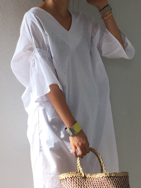 flowersverse Casual Half Sleeves Loose Pleated Solid Color V-Neck Midi Dresses