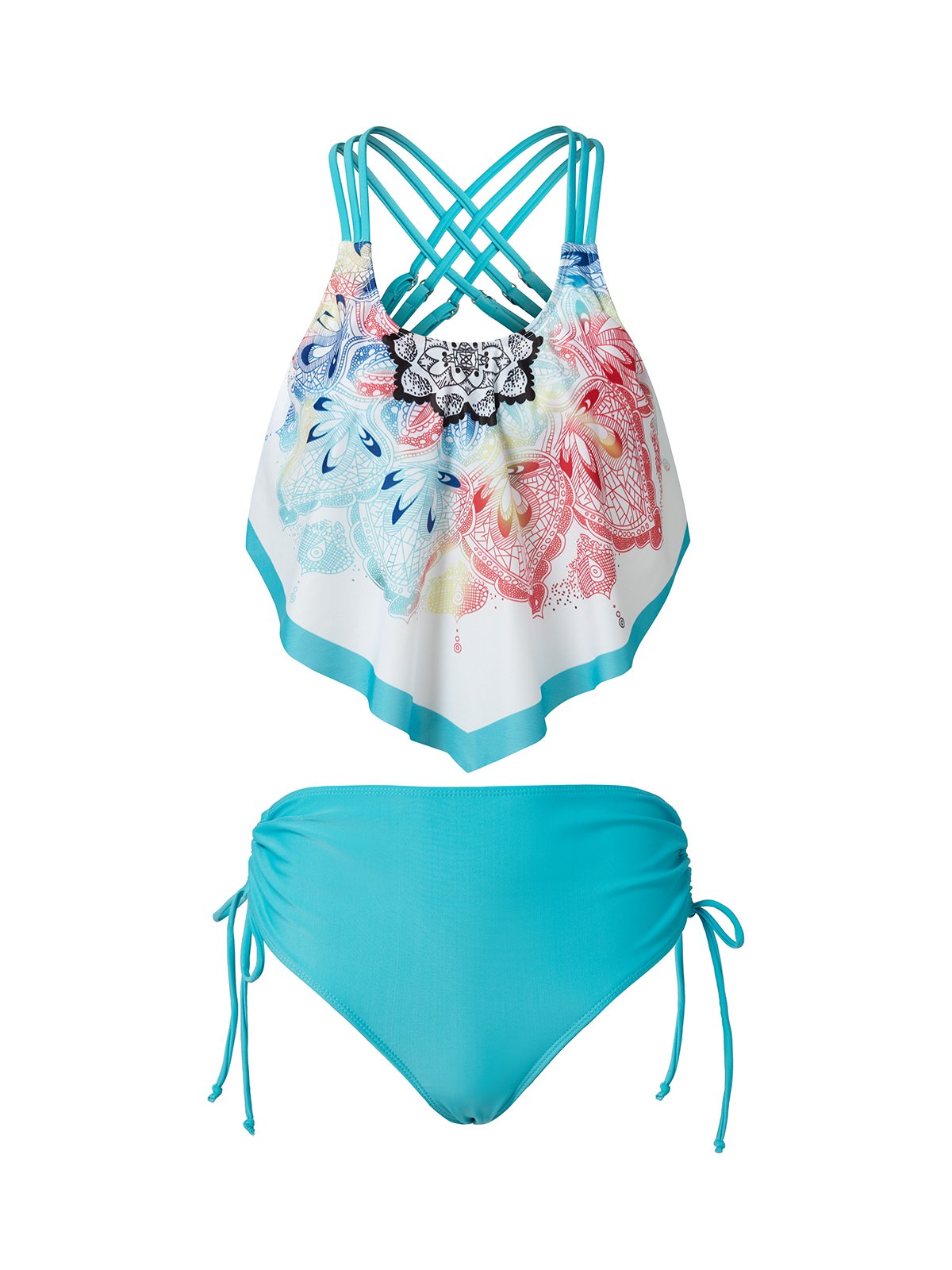 flowersverse Vacation Ethnic Flouncing Scoop Neck Tankinis Two-Piece Set