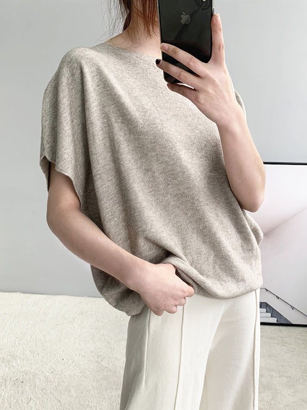 flowersverse Solid Color Half Sleeves Loose Off-The-Shoulder Sweater Tops Pullovers Knitwear