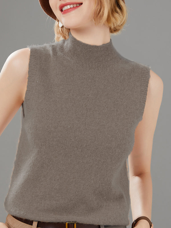 flowersverse Stylish Wool Sleeveless Solid Color Half Turtleneck Vest Top