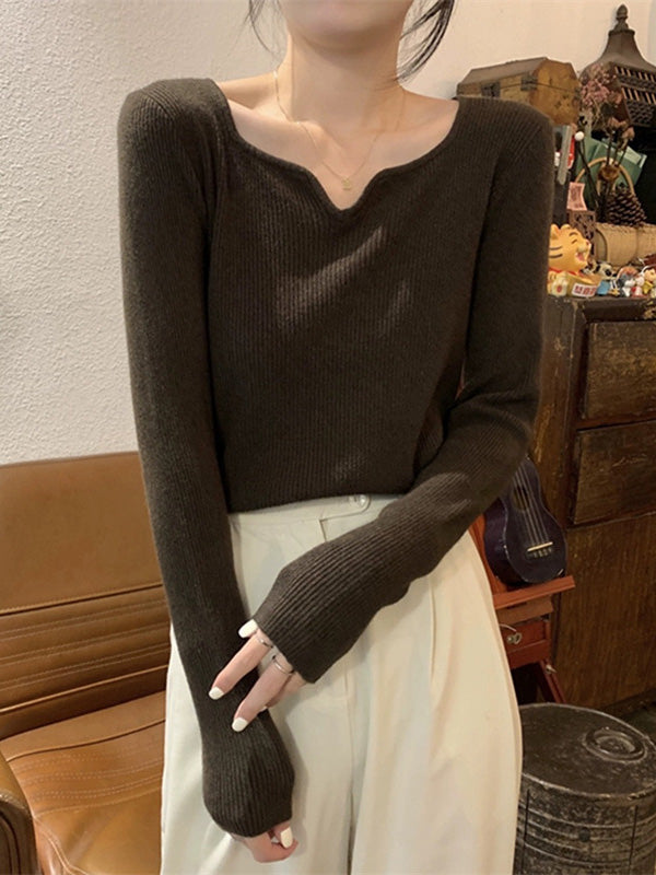 flowersverse Colorful Solid Color Long Sleeves Skinny V-neck Sweater Tops Pullovers Knitwear