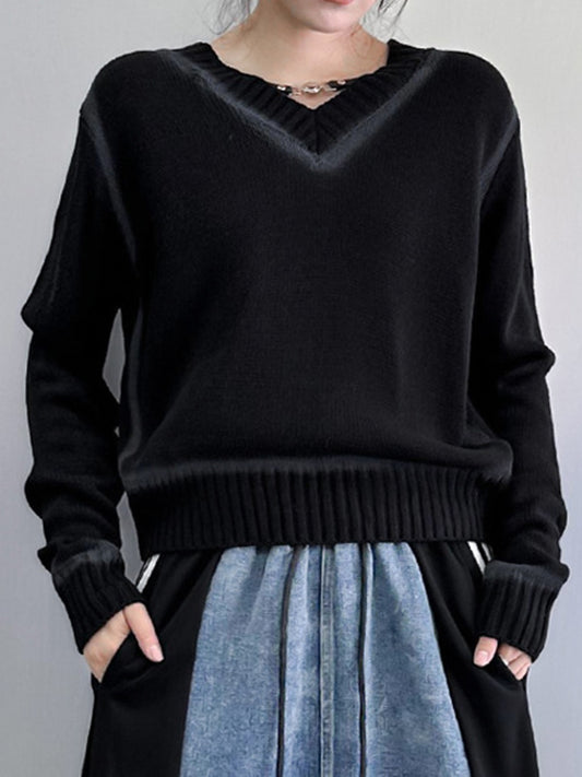 flowersverse Buckle Elasticity Long Sleeves Loose V-Neck Sweater Tops Pullovers Knitwear