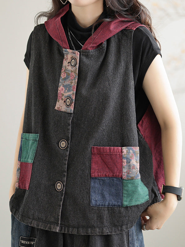 flowersverse Artistic Retro Loose Denim Sleeveless Buttoned Contrast Color Hooded Vest Outerwear