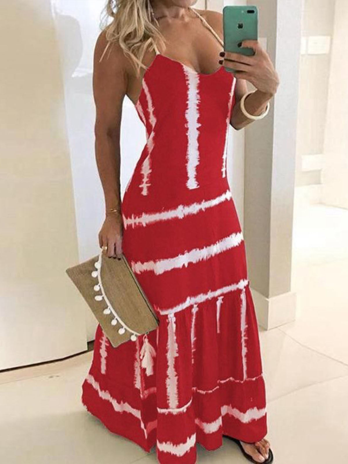 flowersverse European And American Women's New Print Striped Slim Suspenders Casual Pullover A-line Dress