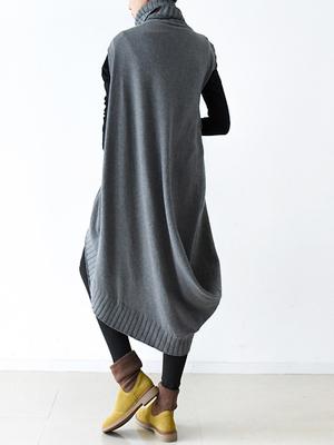 flowersverse Casual Vintage Knitting High-Neck Sleeveless Dress