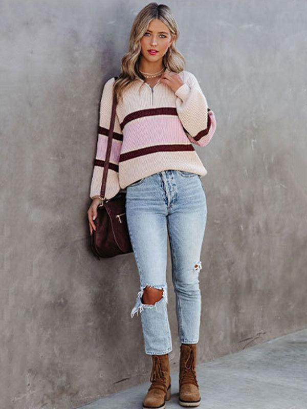 flowersverse Stylish Loose Solid Color& Contrast Color Striped Lapel Collar Sweater Tops