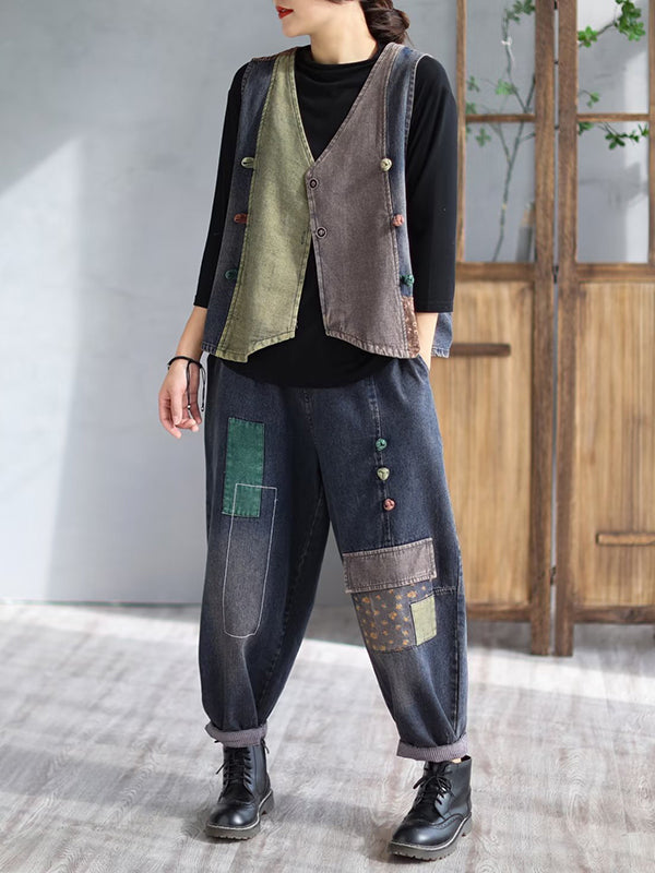 flowersverse Loose Split-Joint V-Neck Vest Top + Jean Harem Pants Bottoms Two Pieces Set