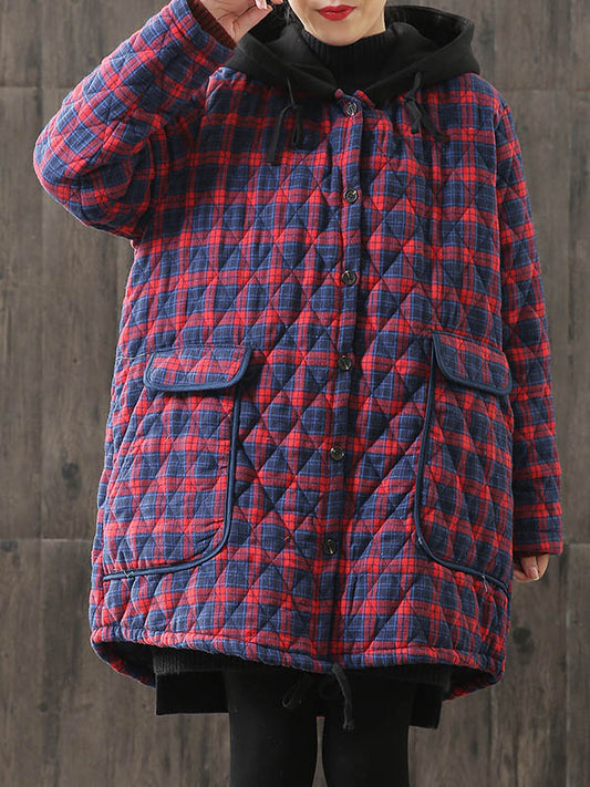 flowersverse Vintage Loose Plaid Quilted Hooded Padded Coat