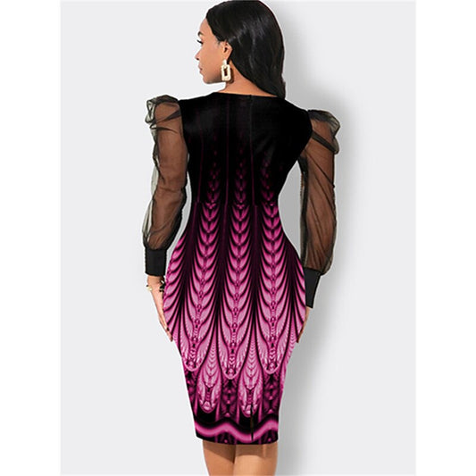 flowersverse Women's Work Dress Sheath Dress Semi Formal Dress Fashion Puff Sleeve Midi Dress Mesh Print V Neck Long Sleeve Graphic Regular Fit Purple Winter Fall S M L XL XXL