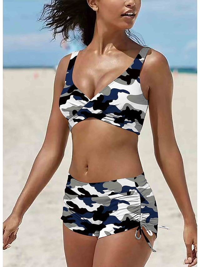 flowersverse Women's Swimwear Bikini Plus Size Swimsuit 2 Piece Camouflage Black Light Green Army Green Red Blue Bandeau Bathing Suits Sports Summer
