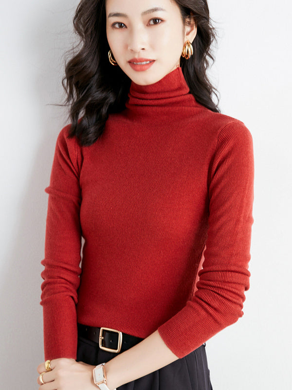 flowersverse Simple Skinny Long Sleeves Solid Color High-Neck Sweater Tops Pullovers