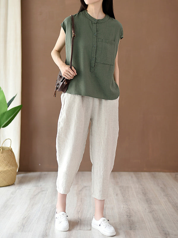 flowersverse Solid Color Cap Sleeve High-Low Stand Collar Blouses&Shirts Tops