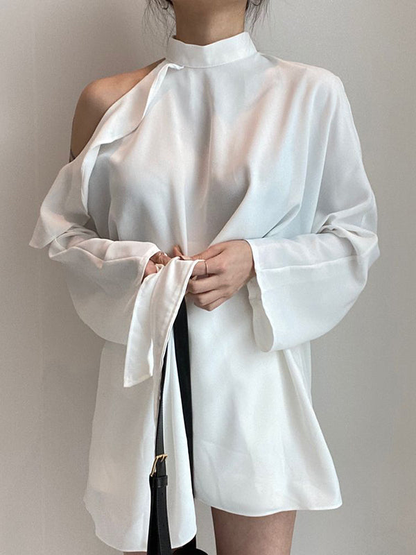 flowersverse Asymmetric Hollow Ruffled Solid Color Tied Waist Long Sleeves Loose Mock Neck Blouses&Shirts Tops