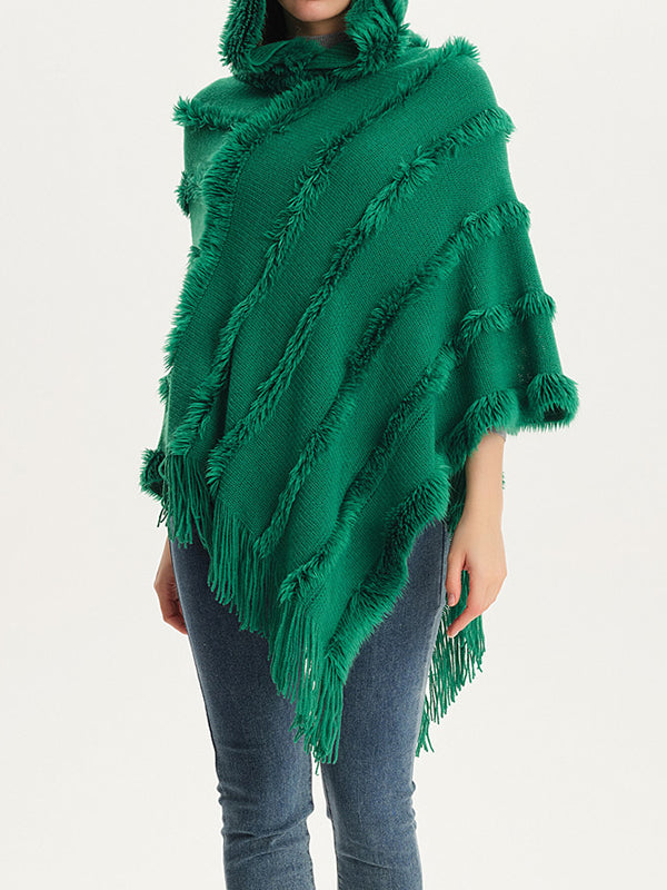 flowersverse Hooded Keep Warm Solid Color Tasseled Shawl&Cloak Cape