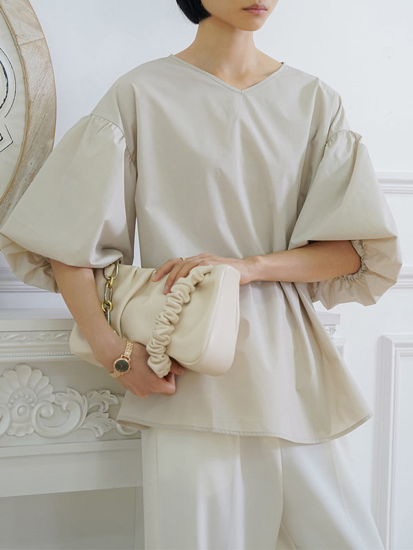 flowersverse Solid Color Half Sleeves Loose V-Neck Blouses&Shirts Tops