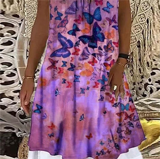 flowersverse Casual Printed Sleeveless Dress with Crew Neck for Women's Clothing