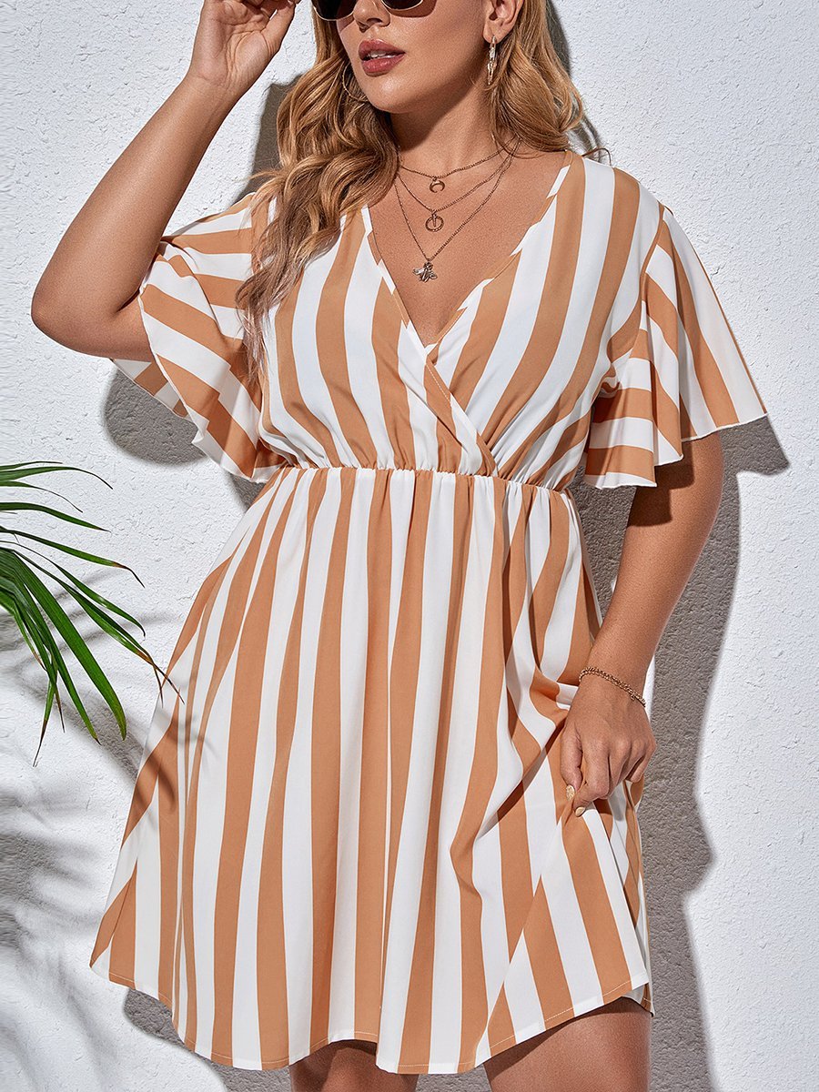 flowersverse Holiday Short Sleeve V Neck A-line Weaving Dress