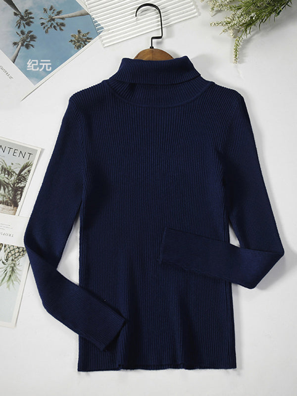 flowersverse Simple Skinny Solid Color High-Neck Sweater Tops