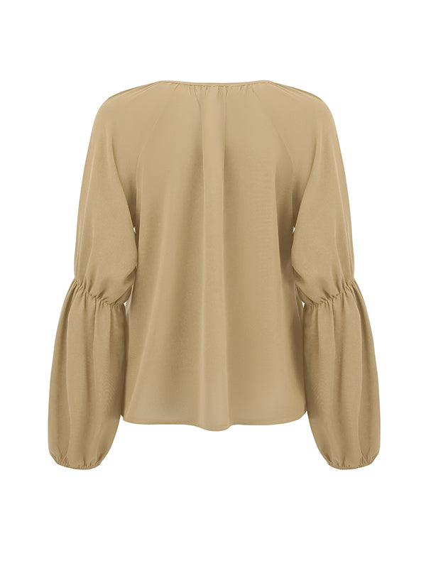 flowersverse Solid Color Loose V-Neck Blouses&Shirts Tops