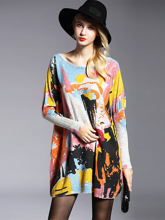 flowersverse Vintage Wool Blend Contrast Color Printed Sweater