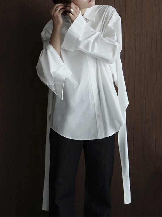 flowersverse Bow-Embellished Solid Color High-Low Long Sleeves Lapel Blouses&Shirts Tops