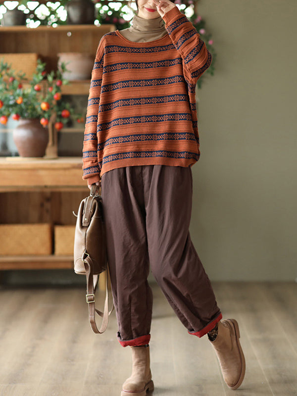 flowersverse Artistic Retro Loose Long Sleeves Jacquard Round-Neck Sweater Tops