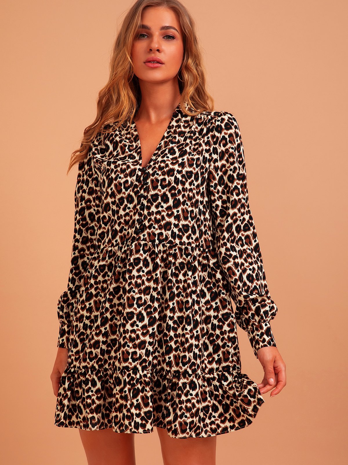 flowersverse Leopard A-Line Casual V Neck Leopard Women Dress