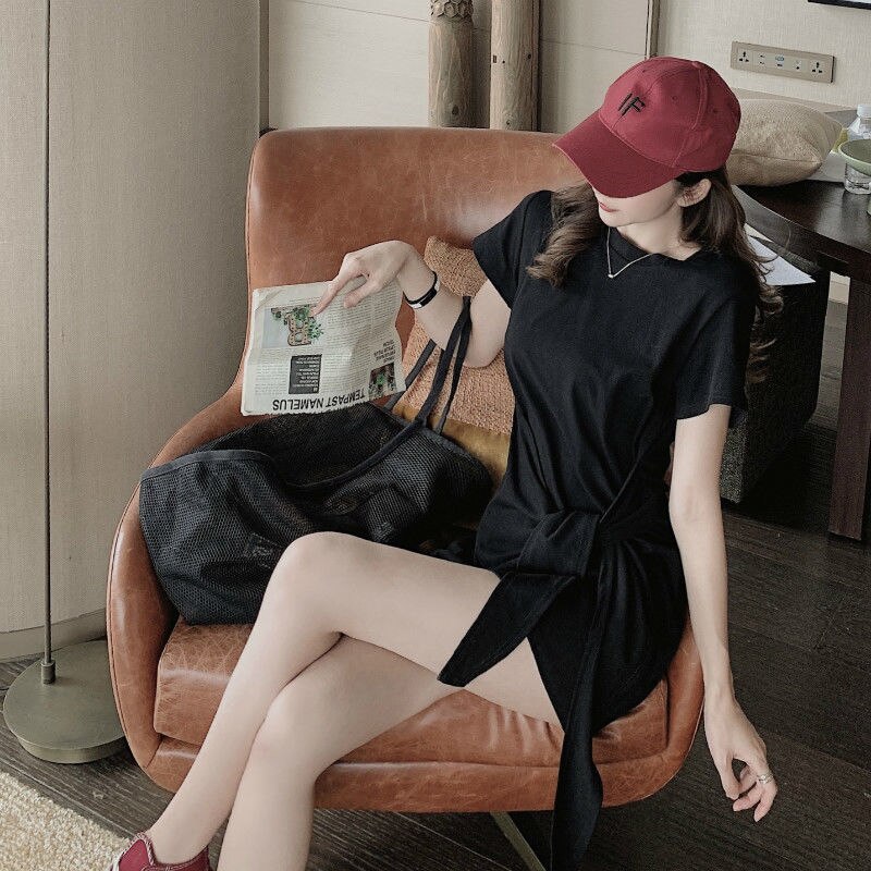 flowersverse Sexy Solid Color Round Neck Cotton Belt Dress Women Summer High Waist A-line Party Nightclub Mini Dress Arrival